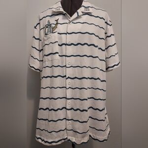 Knickerbocker Vintage Design Men Button Up Gone Fishing XL White Blue Stripe S/S